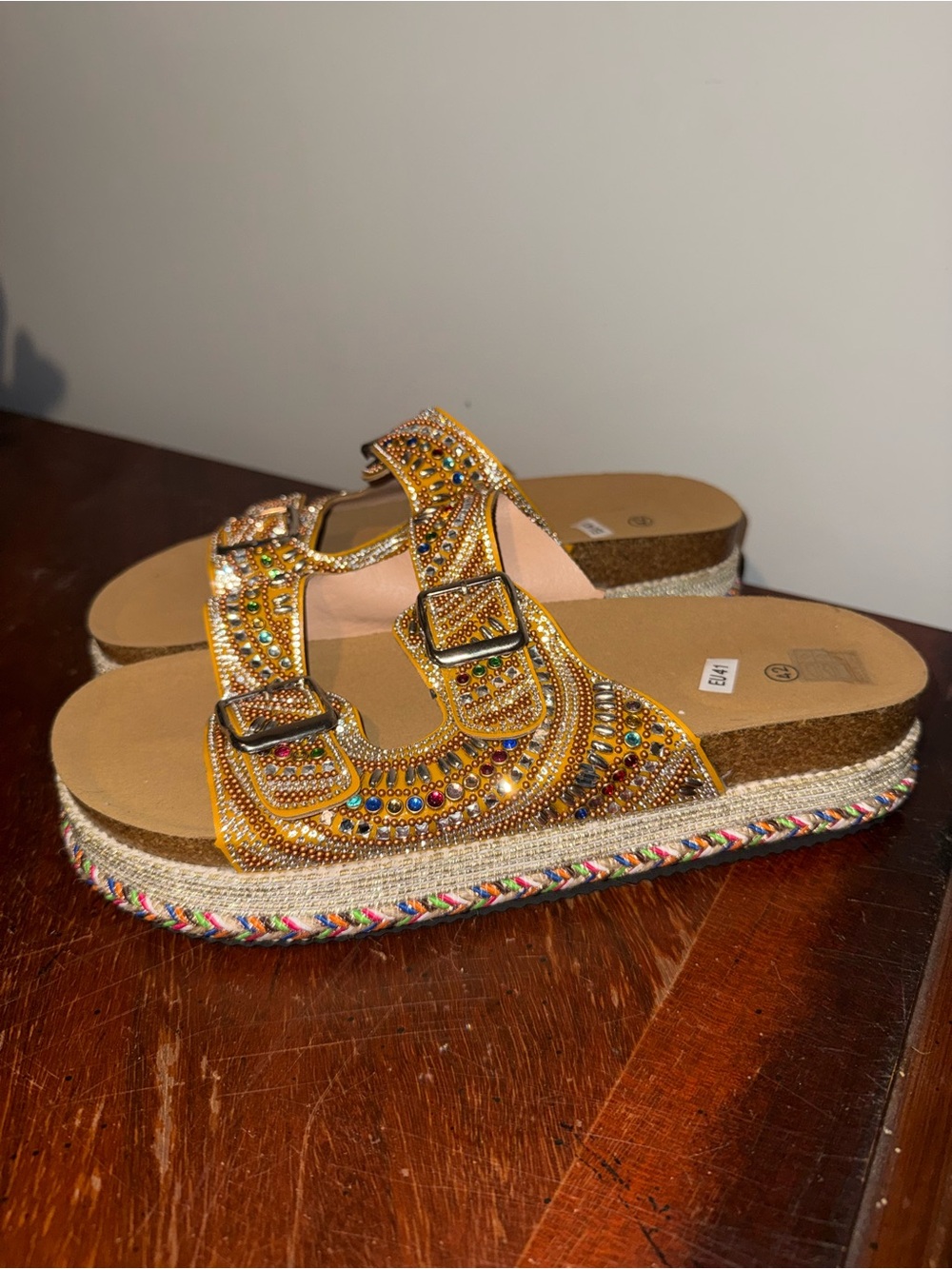 Embellished Gold Beaded Slide Sandals for Women